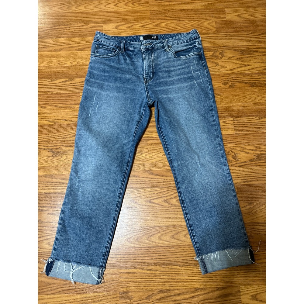 KUT from the Kloth Catherine Fab Ab Boyfriend Jeans High Rise Frayed Hem Size 12